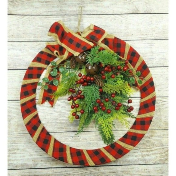 Christmas Front Door Wreath Plastic Cascade Red Berries Bells Holiday Décor Gift - Picture 3 of 10